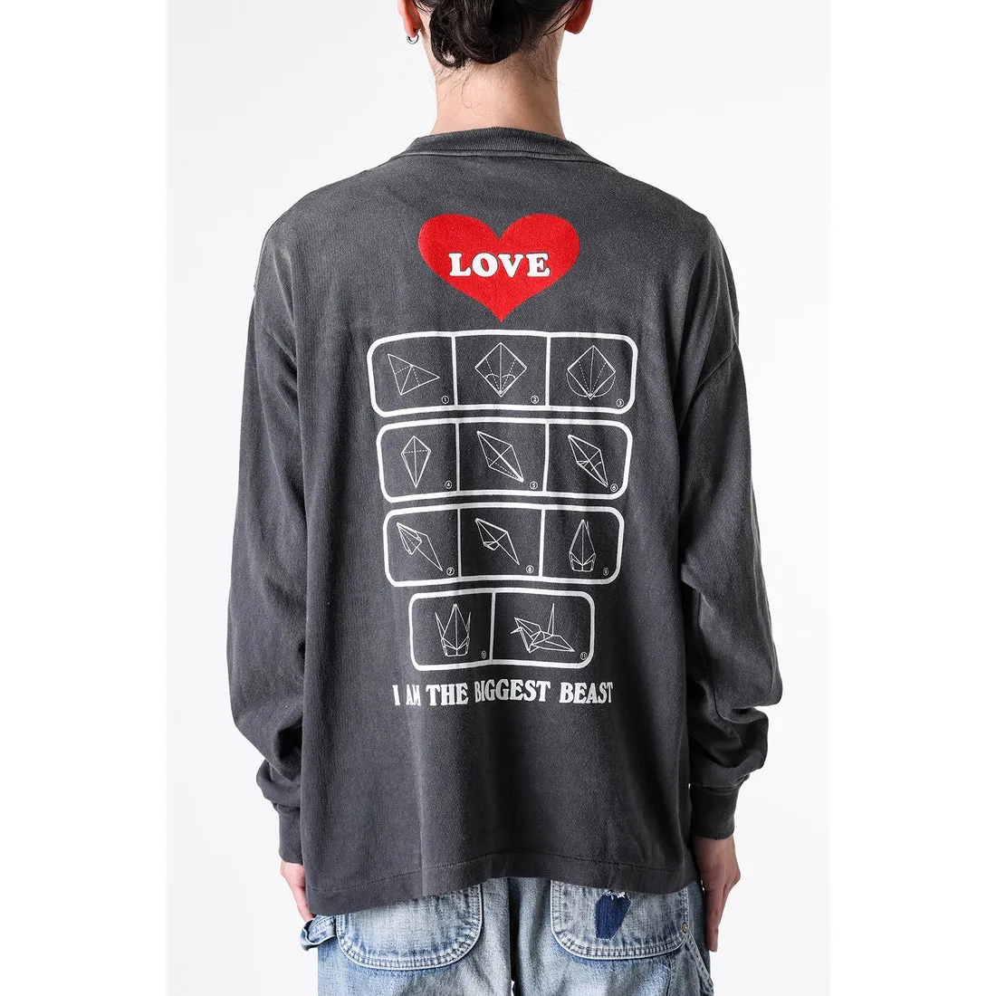 SAINT Mxxxxxx LS TEE/LOVE/BLK LOVE Love Thousand Paper Cranes distressed long sleeves with holes, washed black S-XL, look for cylindrical fabrics without side seams, don’t buy open ones anymore, boring Assute ready-made garments dyed, the whole piece is spray-painted and faded, the collar and cuffs are frayed, many places are worn, the original printing is restored/accessories are complete, with little angel anti-counterfeiting label